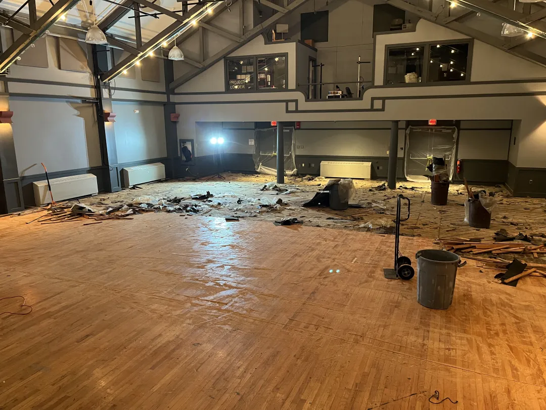 The RPI Playhouse's auditorium floor while being ripped up; a day or two after the flood